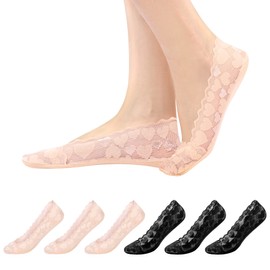Kordear Women No Show Socks - 6 Pairs Non Slip Lace Invisible Socks, Lace Socks Women Shoe Liners Ultra Low Cut Liner Socks Lace Boat Socks for Sneakers High-heel Shoes