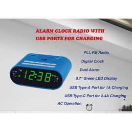 HANNLOMAX HX-158CR Alarm Clock Radio, FM Radio, 0.7" LED Display, 1 USB Port for 1A Charging & 1 USB Port for 2.4A Type-C Charging, AC Operation only (Blue)