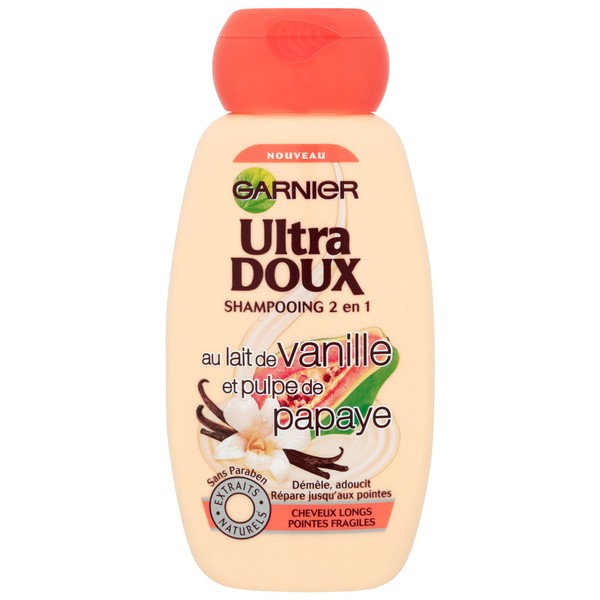 Garnier Ultra Doux 2 in 1 Shampoo for Long Hair Fresh Hair Vanilla Milk Papaya Pulp 250ml Pack of 3