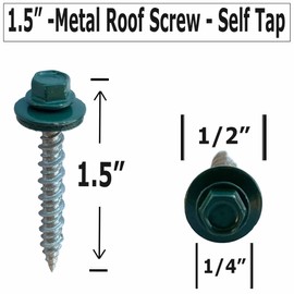 Metal Roofing Screws - #10 x 1.5” – Self Tapping Hex Head - EPDM Rubber Washer-for Metal to Wood, Corrugated, Siding, Sheds, Pancake Screw - ¼” Hex Drive Easy Installation - Green - Screws (250)
