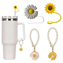 4 PCS Yellow Straw Topper, Daisy Flower Pendant Handle, Sunflower Straw Topper and Daisy Chain, Easy to Clean, Reusable, Can Be Used as a Gift (White + Yellow)