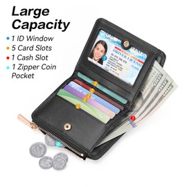 GOIACII Women's Small Mini Short Wallet Leather RFID Blocking Wallet with 6 Card Slots and Zip Coin Compartment, black