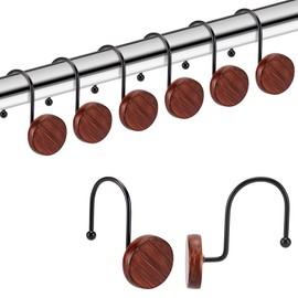 YanKiTour Shower Curtain Hooks, 12 Pack Imitation Wood Grain Resin Rings, Decorative Round Log Design Hangers for Bathroom Bedroom Living Room Art Decors (Black Walnut Grain-Black Hook)