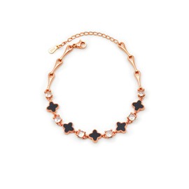 Chunerily S925 Silver 14K Rose Gold plated Clover Lucky Bracelet for Women Cubic Zirconia Green/Black Flower Four Leaf Link Bracelets Trendy Jewelry Gifts for Women