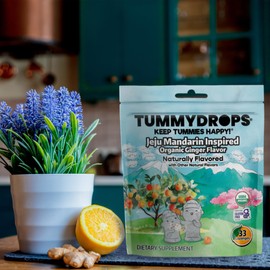 USDA Organic Jeju Inspired Mandarin Ginger Tummydrops, Gluten Free & Vegan, 33 Individually Wrapped Drops in a Resealable Bag