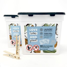 Love Home and Planet Coconut Water & Mimosa Flower Laundry Detergent Packets Similar to Laundry Powder Detergent and Detergent Pods Made with Plant Based Cleanser Comes with Clothespins (2 Pack 30 Count Each)