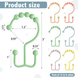 Wenqik 12 Pcs Colorful Shower Curtain Hooks Bohemian Rainbow Color 304 Stainless Steel Rings Rust Proof Balanced Double Glide Shower Hooks for Curtain Bathroom(Macaron Color)