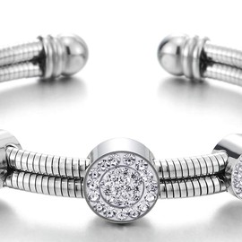 COOLSTEELANDBEYOND Two-Row Womens Steel Open Cuff Bangle Bracelet with Cubic Zirconia Circles Charms, Adjustable