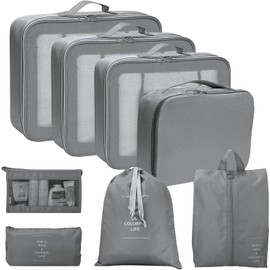 My Corgi Living 8-Piece Cube Travel Luggage Organizer Set - Efficient Luggage Separators & Travel Storage Cubes with Toiletry Makeup Bag, Shoe Bag - Perfect for Families, Men & Women (Grey)