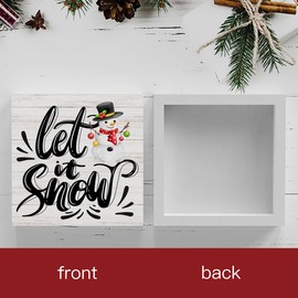 Rustic Winter Merry Christmas Tree Wood Box Sign, Let It Snow Farmhouse Christmas Santa Artwork Decor, Wood Square Sign Desk Block Signs Home Shelf Office Decoration 5 x 5 Inches