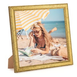 MOUDAMION Wood 8x8 Frame Gold, Ornate Natural Wooden 8x8in Picture Frames, Modern Golden 8 x 8inch Gallery Photo Pic Frame with HD Plexiglass, Horizontal Vertical Wall Mounting Tabletop Display 1Pcs