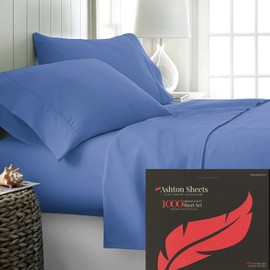Ashton Sheets 100% Egyptian Cotton Sheets Full Size - 1000 Thread Count 4 PC Deep Pocket Full Size Bed Sheets Set, Soft Sateen Weave Luxury Hotel Cooling Sheet, Fits Mattress Upto 18" - Deep Blue