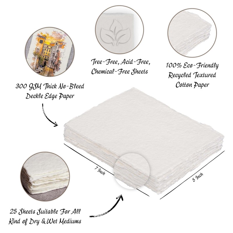 Watercolor Paper, 140lb(300gsm), 7x5 Inches, 25 Sheets, Handmade Deckle Edge