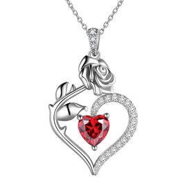Jewmon Women's 925 Sterling Silver Rose Flower Heart Birthstone Pendant Necklace for Women Jewellery Birthday Gift for Her Wife Girlfriend Mum Valentine's Day Christmas Mother's Day, Cubic Zirconia,