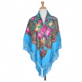 Women Russian Style Peony Floral Printed Long Tassel Large Square Scarf Warm Big Size Rectangular Cotton Wrap Traditional Ethnic Style Mexican Shawl Travel Sun Protection Cheongsam Cover-up Cloak