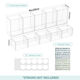 Acrylic straw holder with Letter stickers, adjustable double-layer straw storage organizer dispenser with Transparent double-sided adhesive patch for counter Cabinet Cupboard Kitchen ﻿
