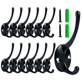Gallipower 12 Pack Black Coat Hanger Hooks Wall Mounted,Dual Prong Utility Rustic Hooks with 24 Screws,Screw in Hooks, Metal Wall Hooks for Hanging Coats, Backpack,Purse