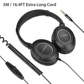 Avantree HF039 Long Coiled Cord Headphones for TV, 16.4 Feet / 5M Extended Range Cable, Over-Ear Headphones, 3.5mm Audio Output, Stereo Sound Headphones with Spiral Coil Wire in-line Volume Control