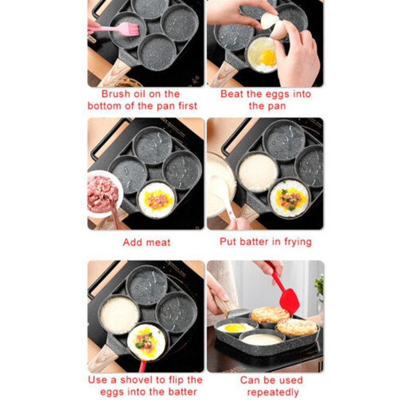 4‑Hole Egg Frying Pot Pancake Pan with Wood Handle for