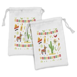 Lunarable Cinco de Mayo Fabric Pouch Set of 2, Mexican Themed Holiday Pattern with Flags Cactus Tequila Sugar Skull, Small Drawstring Bag for Toiletries Masks and Favors, 9" x 6", Multicolor