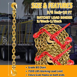 SENKEYFE Transport Binder Chain G80-3/8 Inch×10 Foot Trailer Tow Chain Wll 7100 Lbs Working Load for Towing Lifting Log Chain with Clevis Grab Hooks Tow Truck Equipment for Tie Down (Pack of 2)