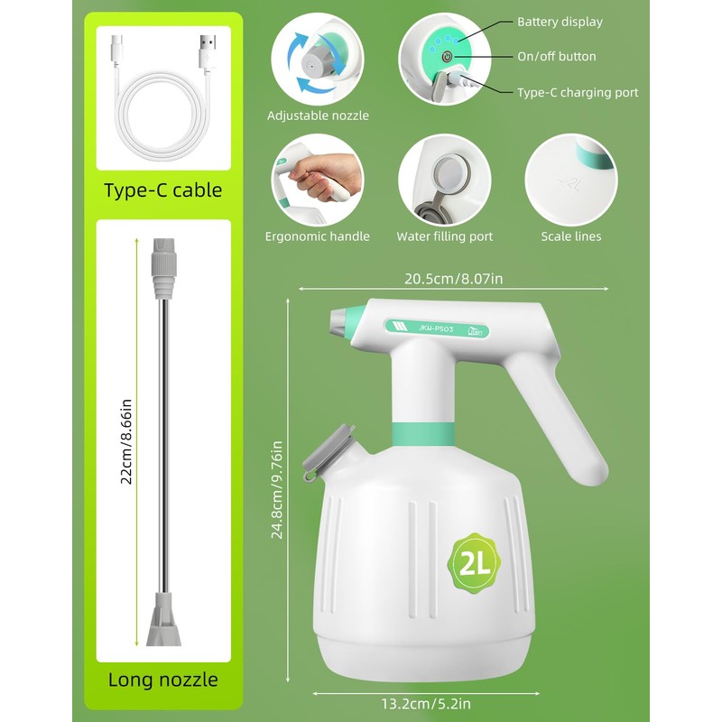 Uten Cordless Electric Sprayer - 2L Rechargeable Electric Spray Bottle,