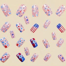 24Pcs 4th of July Square Press on Nails Medium Long Fake Nails Independence Day False Nails with Colorful Flower Pattern Design American Flag Nails Summer Reusable Stick on Nails for Women