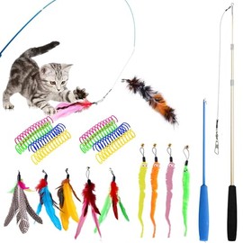 Juguetes para Gatos,Juguetes Interactivos para Gatos con Varitas Retráctiles de Plumas para Gato,Muelles Gatos y Variedad Cabezas de Reemplazo de Plumas para Satisfacer Necesidades de Juegos Gatos