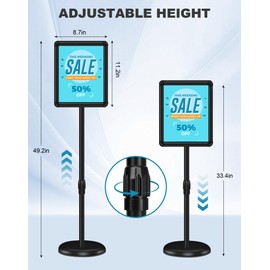 2 Pack Sign Holder Stand 8.5x11 inch for Display, Height Adjustable Floor Standing Signage Stand with 360° Rotated Snap Open Frame for Malls, Schools, Advertising, Outdoor Poster Stand