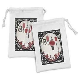 Ambesonne Ethnic Fabric Pouch Set of 2, East Folk Art with Japanese Sakura Cherry Blossom Trees Round Ornate Graphic, Small Drawstring Bag for Toiletries Masks and Favors, 9" x 6", Beige Black Red