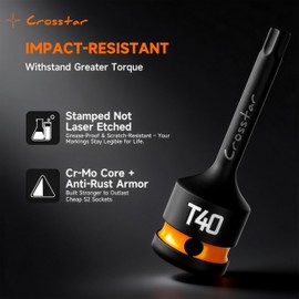 Crosstar 3pc T50 Impact Torx Bit Socket Set, 1/2" Drive Cr-Mo Steel, Long High Impact Star Sockets for Automotive & Heavy-Duty Use, Professional Mechanic Tools with Transparent Case