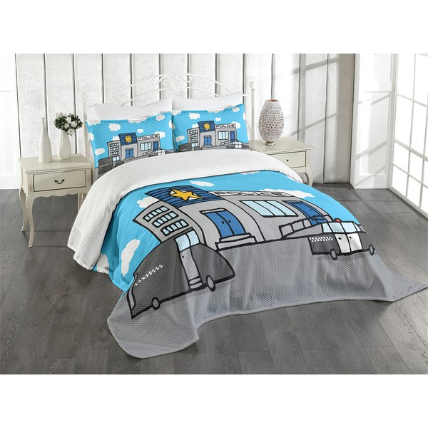 Lunarable Police Bedspread, Cartoon Station Vehicles and Cloudy Sky Boys, Decorative Quilted 3 Piece Coverlet Set with 2 Pillow Shams, Queen Size, Grey Blue