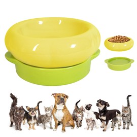 UEUEAHA Ceramic Cat Food Bowl Set of 2,Flower Anti Whisker Fatigue Cat Bowls/Dishes,for Wet Dry Food and Water,Cute Kitten Feeding Shallow Bowls,for Indoor Outdoor, Dishwasher Safe, Non-Slip(Yellow)