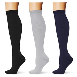 (3 pairs) Compression Socks for Women Men 20-30 mmHg Long Knee High Socks Circulation Athletic Support Running Black/Lightgrey/Navy S/M