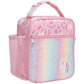 Bagseri Insulated Lunch Bag for Kids - Cute Cooler Bag for Girls with Bottle Holder, Leakproof Lunch Box Waterproof Lunch Bag for Picnic Schools, Glitter Pink Unicorn