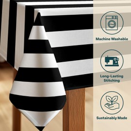 Fabric Textile Products | Black and White Striped Tablecloth | Cabana Round Tablecloth | 70" Round | Machine Washable and Stain-Resistant for Easy Care | Made in The USA