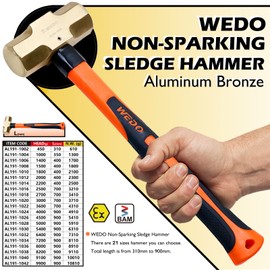 WEDO Non-Sparking Sledge Hammer 1000g(2.2) lb Head, Spark-free Safety Sledge Hammer, Die-Forge, Corrosion Resistant, DIN BAM Standard, Aluminum Bronze, 350mm Length