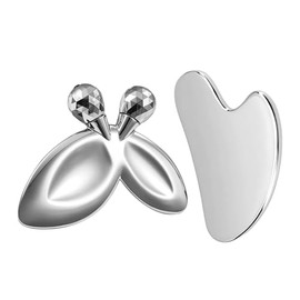 Gua Sha & rodillo facial, herramientas faciales Gua Sha de acero inoxidable, masajeador de drenaje linfático para escultura de cara, ojos, barbilla y mandíbula, herramientas de gua sha con bolsa