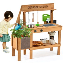 Aoparts Mud Kitchen for Kids Outdoor, Wood Play Kitchen with Planter Box, Toddler Sink, Faucet, Blackboard, Water Cup and Accessories
