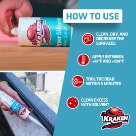 Kraken Bond Hyper Clear Caulking Sealant - (12x10.1 Fl. Oz) Fast Curing 100% Silicone Neutral for Kitchen & Bathroom, Bathtub, Shower and Sink, Low Odor, Waterproof, Anti Shrink Caulking, 12 Pack