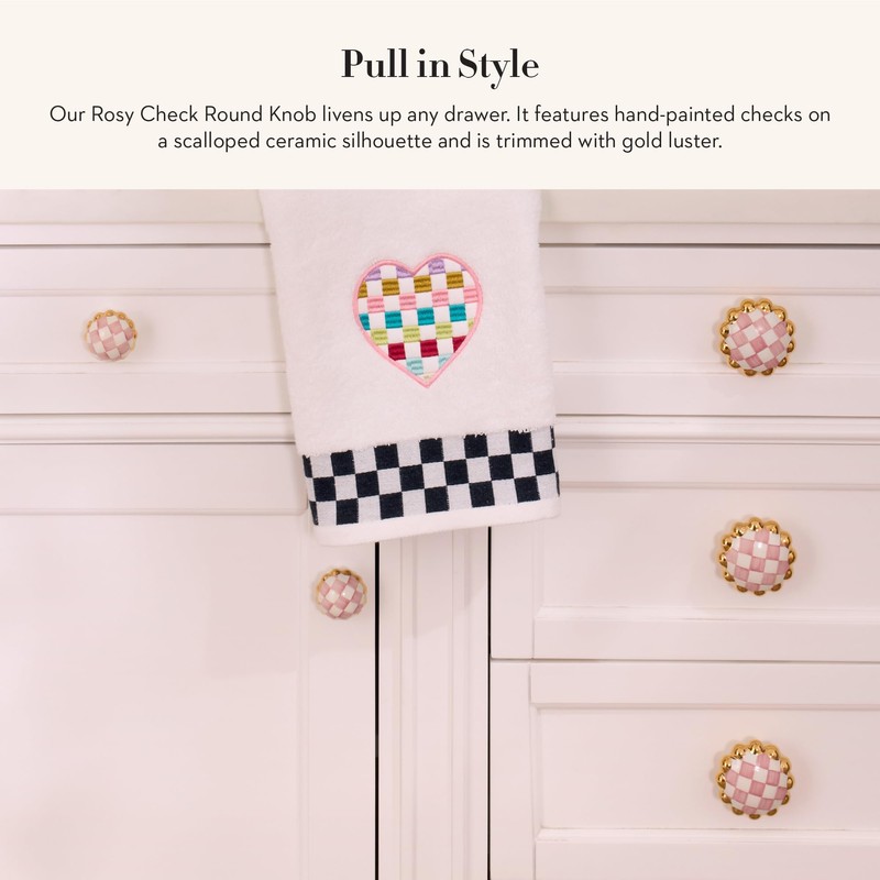 MACKENZIE-CHILDS Round Knob, Decorative Drawer Pull Knob, Pink-and-White Rosy Check