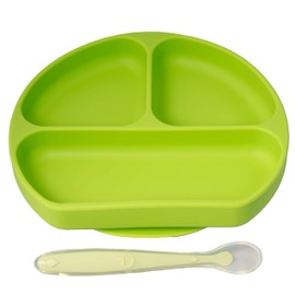 PAPU BABY Plato con divisiones y cuchara de silicón para bebés. Libres de BPA. Plato con succión. Silicón de grado alimenticio. Alimentación independiente. (Verde)