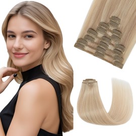 Natural Hair Extensions, 8 Pieces, 100% Remy Real Hair Clips, Invisible Straight Hair, 20 cm, 45 g, Blonde Mix Champagne