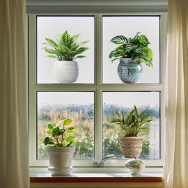 AIBIIN 3D Potted Plant Window Stickers Removable PVC Green Leaves Static Window Decal Anti Collision Glass Window Decals