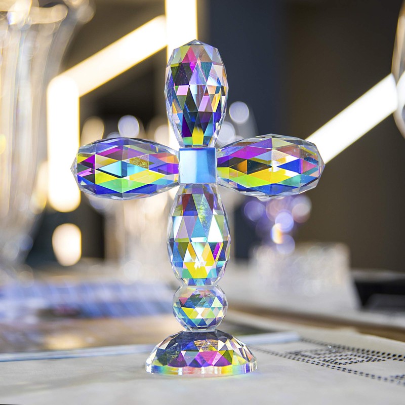 QFkris 7" Crystal Cross Standing, Decorative Glass Crosses for Table