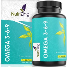 Omega 3 6 9 Triple Strength Fish Oil + Flaxseed Oil & Sunflower Oil - EPA & DHA - High Strength 1000mg - Made in The UK - Omega369 in one softgel by NutriZing - Potent Essential Fatty Acids