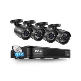 ZOSI 5MP 3K Lite CCTV Security Camera System with AI Human Vehicle Detection, 8CH H.265+ DVR and 4 x 1080p Surveillance Bullet Cameras Outdoor Indoor, 100ft Night Vision, IP66 Weatherproof, 1TB HDD