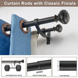Double Curtain Rods 72-144” for Window, Heavy Duty Telescoping Rod 1-Inch Front and 5/8 Inch Back with Aluminum Alloy Brackets, Adjustable Double Drapery Rod with Classic Finials, Matte Black