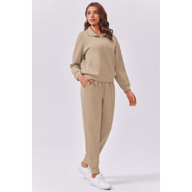 PINSPARK Airport Outfits for Women 2024 2 Piece Lounge Set Long Sleeve Half Zip Tracksuit Sweatshirt Sweatpants Travel Outfits,Light Khaki Large