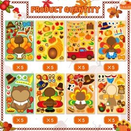 Thanksgiving Kids Stickers - 40 Sheets Turkey Face Stickers & Party Favors - Autumn Fall Decorations